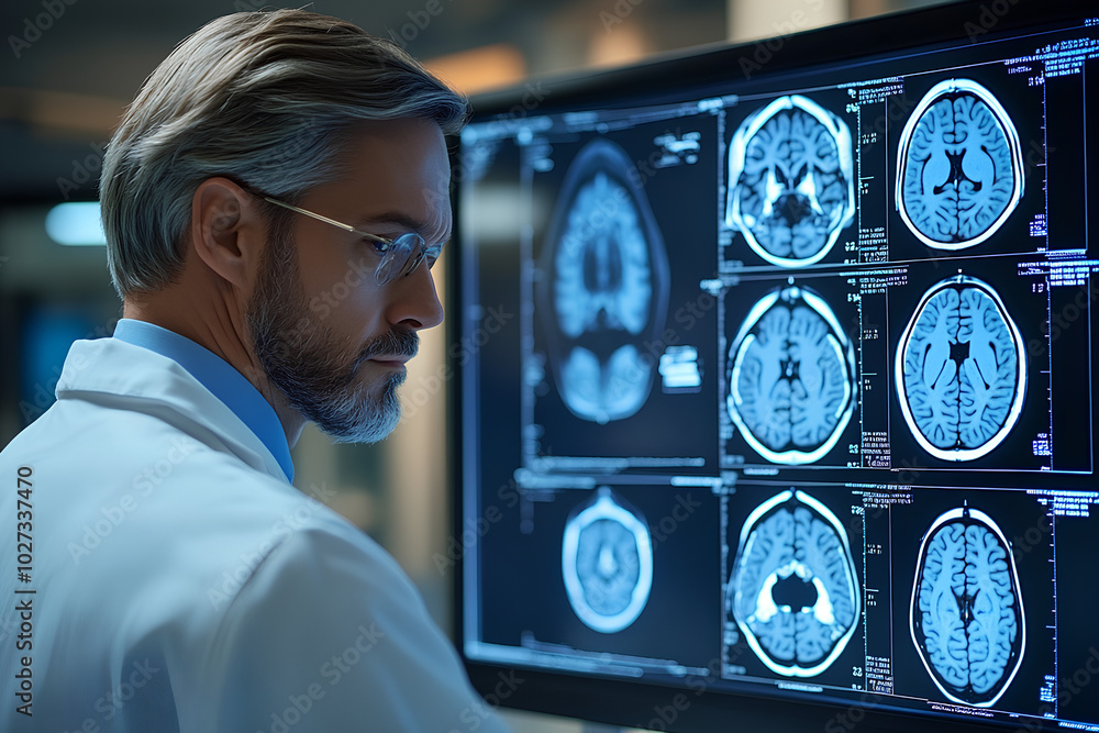 Doctor analyzing patients MRI brain scan computer tomography medical ...