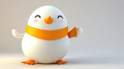 Wall Mural - A White 3D Cartoon Penguin Wearing an Orange Scarf