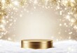 © Fuljan - Minimal 3D golden podium in a Christmas background for beauty product presentation. Simple pedestal with snow and snowflakes in a clean, abstract winter scene.. Made with Generative AI Technology
