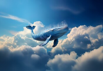 A blue whale soars through fluffy white clouds against a vivid blue sky.