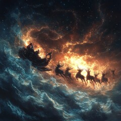 Poster - Santa Claus flying through a starry sky in his sleigh pulled by reindeer.