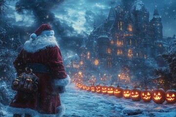 Wall Mural - Santa Claus walks towards a spooky, snow-covered castle, lit by jack-o'-lanterns.