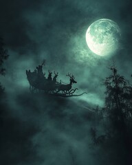 Wall Mural - Santa's sleigh flies through the night sky, pulled by reindeer, with a full moon in the background.