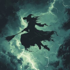 Canvas Print - Silhouette of a witch flying on a broomstick through a stormy sky with lightning.