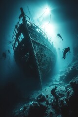 Sticker - Silhouetted shipwreck with divers exploring the underwater landscape.