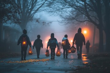 Wall Mural - Silhouettes of children trick-or-treating on a foggy Halloween night.