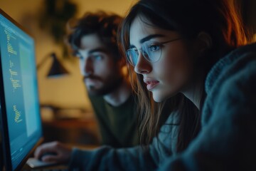 Focused developers coding on a computer monitor, teamwork in a modern workspace. Concentration and collaboration in a tech environment.