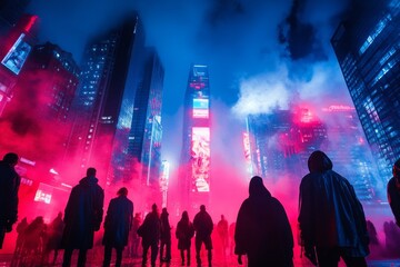 Poster - Silhouettes of people standing in a bustling city at night, looking up at towering skyscrapers bathed in neon lights.