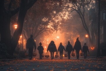 Sticker - Silhouettes of people walking down a foggy street lined with trees during autumn.