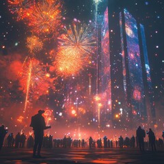 Canvas Print - Silhouettes of people watching fireworks explode over a city skyline with a futuristic building displaying a starry night sky.