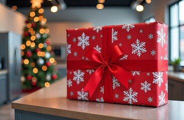 a modern LED TV packed in festive Christmas paper on the counter of a hardware store. A Christmas present, christmas gift