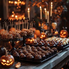 Canvas Print - Spooky Halloween sweets on a table with candles and pumpkins.