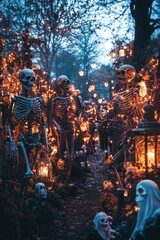 Poster - Spooky skeletons stand in a forest lit by lanterns for Halloween.