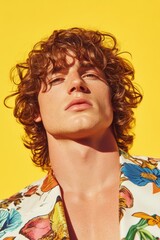 Young man with curly hair poses confidently against a bright yellow background in summer attire