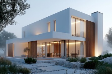 Wall Mural - White modern home with wooden accents and large windows, bathed in the warm glow of a foggy evening