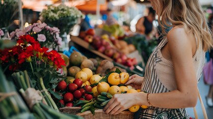 Canvas Print - A woman shops for lemons at an outdoor market.