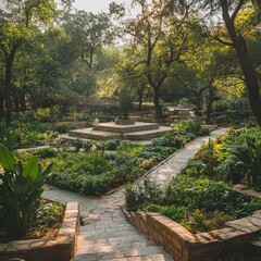 Canvas Print - Stone pathway leading through a lush, green garden with trees and flowers in the sunlight.