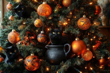 Wall Mural - Three black cats perched on a Christmas tree decorated with orange and gold ornaments and a cauldron, creating a spooky and festive Halloween-themed scene.