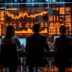 Poster - Three business professionals analyze data on a large screen.