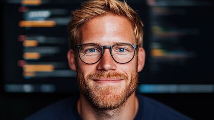 Smiling young man with glasses poses in front of a dark background filled with code