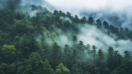 A dense forest shrouded in mist, with tall trees and lush foliage. The fog adds an ethereal quality to the scene, creating a sense of mystery within nature's embrace.