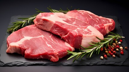 Raw steak with rosemary and peppercorns on a clean background.