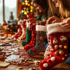 Poster - Two girls decorate Christmas stockings with colorful ornaments.