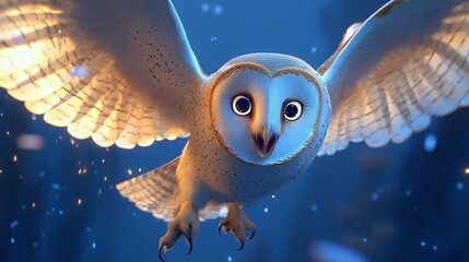 Wall Mural - a barn owl with large, bright eyes flies through the night sky, with its wings spread wide and its t