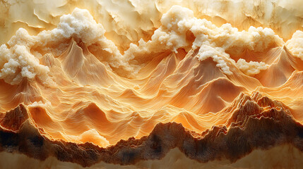A landscape painting with mountains and sky with clouds composed of many intricate lines.