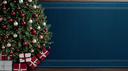 Wall Mural - Christmas Tree with Ornaments and Gifts on Blue Background