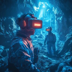 Wall Mural - Two people wearing VR headsets explore a mysterious, glowing cavern.