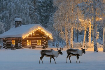 Canvas Print - Two reindeer walk past a snow-covered cabin decorated with Christmas lights in a snowy forest.