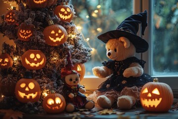 Two teddy bears dressed as witches sit by a window with a tree decorated with jack-o-lanterns.