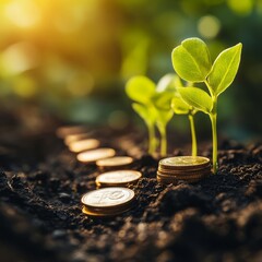 Two young plants growing from stacks of coins in fertile soil.