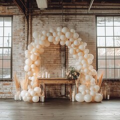 Canvas Print - White balloon arch with pampas grass and candles in a loft space.