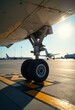 © val - Close-up view of aircraft landing gear on a runway at sunset, highlighting the aviation industry and airport operations.