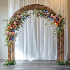 Poster - Wooden archway decorated with colorful flowers.