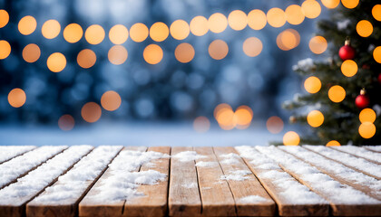 Sticker - empty wooden table top with snow and Blurred bokeh light in the concept of Christmas background