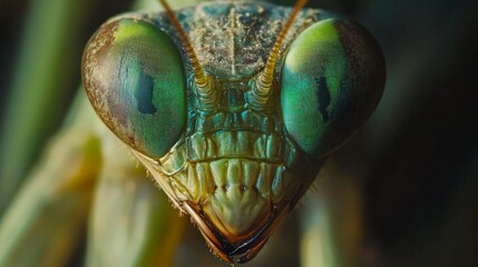 Close-up of a Mantis's Face with Green Eyes