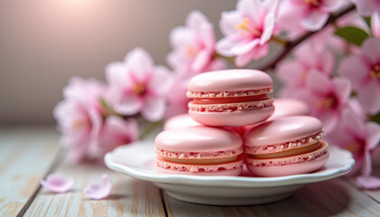 Light pink macaron in white ceramic on wood floor