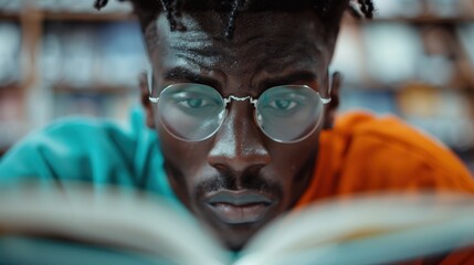 Focused student reading intently in a library surrounded by books during daytime