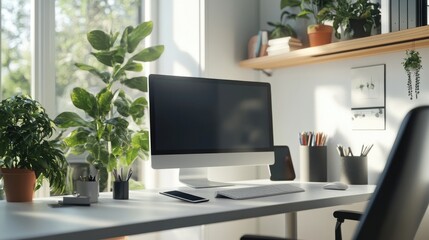 A stylish home office with a desktop monitor, wireless mouse, and a tablet placed on a clean, white desk, capturing a well-organized teleworking space