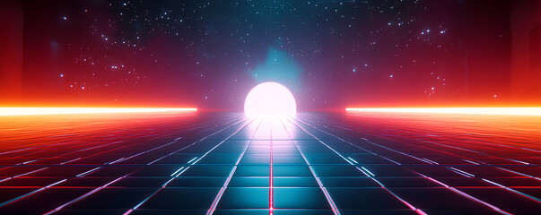 Neon grid horizon in a retro futuristic setting