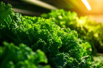 Close-up of lush green kale leaves.