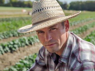 Farmer in Straw Hat on Field