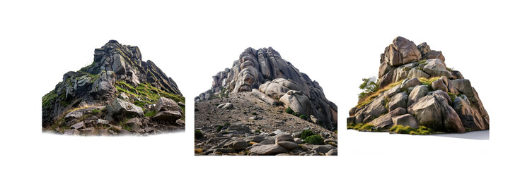 Poster - Three isolated rocky mountain formations with green vegetation against a white background.
