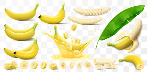 Wall Mural - set of bananas isolated on transparent background. whole and half a banana, pieces and sliced. peele