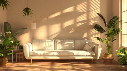 a modern living room with a white sofa and tropical plants