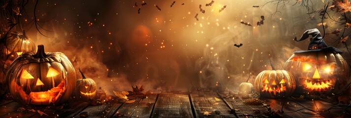 
Halloween background wallpaper concept with empty space and Jack O Lantern pumpkins. Spooky, scary, dark Halloween landscape at night with bats. Happy Halloween!
