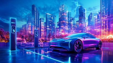 Sleek Electric Car Charging in Futuristic Cityscape